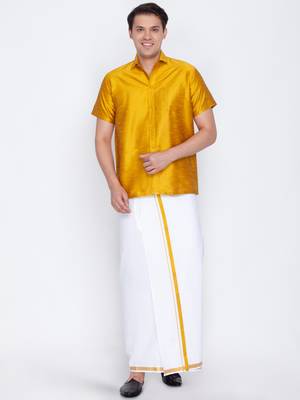 Yellow woven silk blend shirt & mundu 2