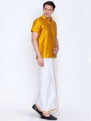 Yellow woven silk blend shirt & mundu 3