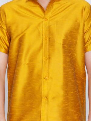 Yellow woven silk blend shirt & mundu 4