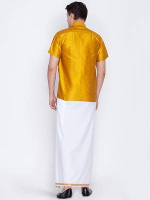 Yellow woven silk blend shirt & mundu 5