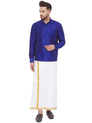 Blue woven silk blend shirt & mundu 1