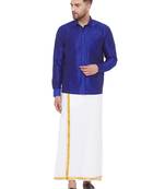 Blue woven silk blend shirt & mundu