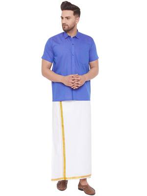 Blue woven blended cotton shirt & mundu 1