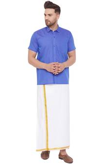 Blue woven blended cotton shirt & mundu