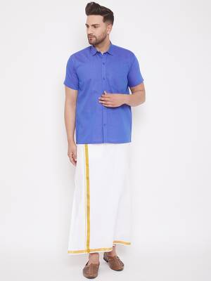 Blue woven blended cotton shirt & mundu 2