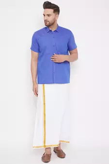 Blue woven blended cotton shirt & mundu