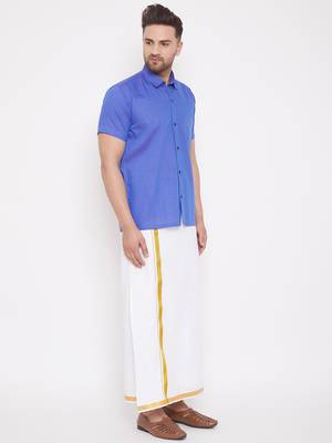 Blue woven blended cotton shirt & mundu 3
