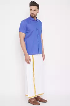 Blue woven blended cotton shirt & mundu
