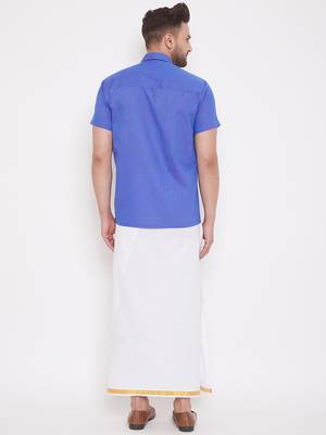 Blue woven blended cotton shirt & mundu 4