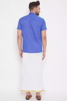 Blue woven blended cotton shirt & mundu