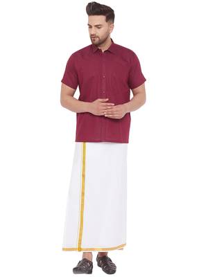 Maroon woven blended cotton shirt & mundu 1