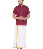 Maroon woven blended cotton shirt & mundu