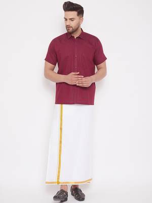 Maroon woven blended cotton shirt & mundu 2