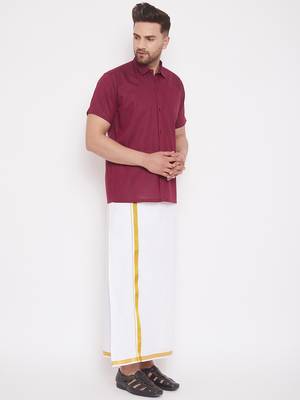 Maroon woven blended cotton shirt & mundu 3