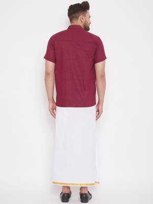 Maroon woven blended cotton shirt & mundu 4
