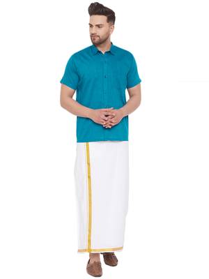 Turquoise woven blended cotton shirt & mundu 1