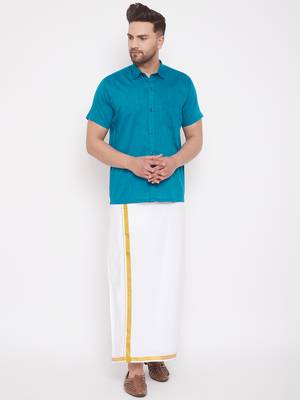 Turquoise woven blended cotton shirt & mundu 2