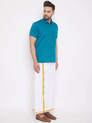 Turquoise woven blended cotton shirt & mundu 3