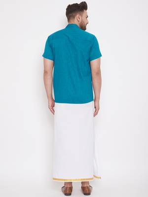 Turquoise woven blended cotton shirt & mundu 4