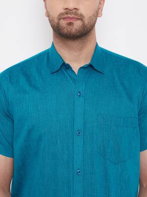 Turquoise woven blended cotton shirt & mundu 5