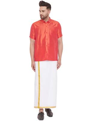 Red woven silk blend shirt & mundu 1