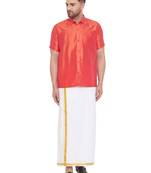 Red woven silk blend shirt & mundu