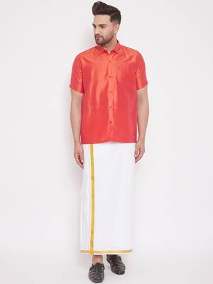 Red woven silk blend shirt & mundu 2
