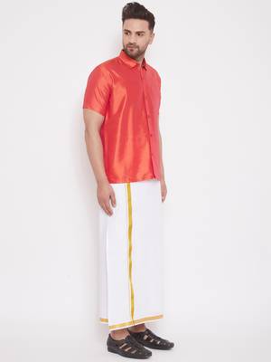 Red woven silk blend shirt & mundu 3