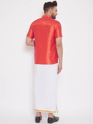 Red woven silk blend shirt & mundu 4