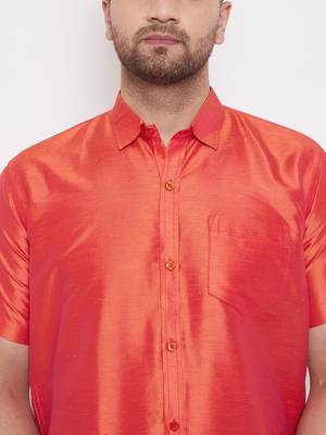 Red woven silk blend shirt & mundu 5