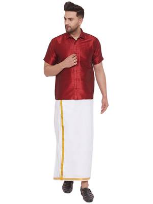 Maroon woven silk blend shirt & mundu 1
