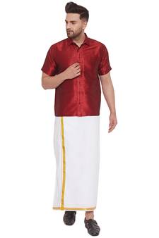 Maroon woven silk blend shirt & mundu