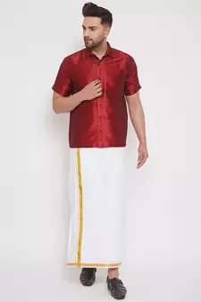 Maroon woven silk blend shirt & mundu