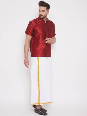 Maroon woven silk blend shirt & mundu 3