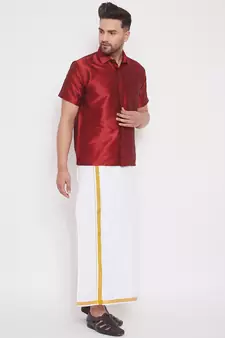 Maroon woven silk blend shirt & mundu