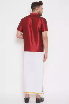 Maroon woven silk blend shirt & mundu