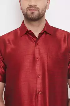 Maroon woven silk blend shirt & mundu