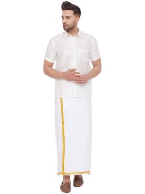 White woven silk blend shirt & mundu 1