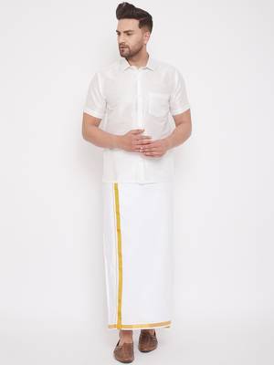 White woven silk blend shirt & mundu 2