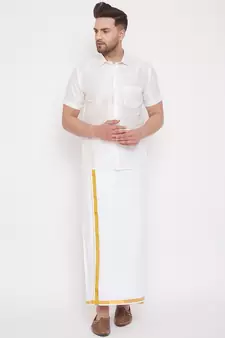 White woven silk blend shirt & mundu