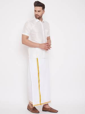 White woven silk blend shirt & mundu 3