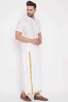 White woven silk blend shirt & mundu
