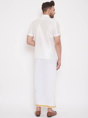 White woven silk blend shirt & mundu 4