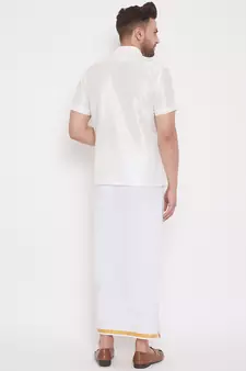 White woven silk blend shirt & mundu