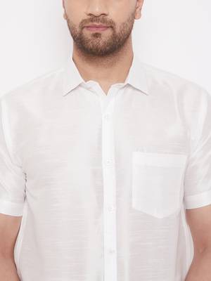 White woven silk blend shirt & mundu 5