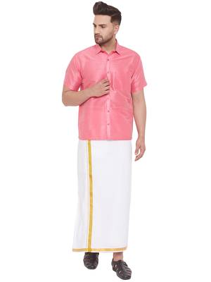 Pink woven silk blend shirt & mundu 1
