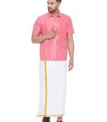 Pink woven silk blend shirt & mundu
