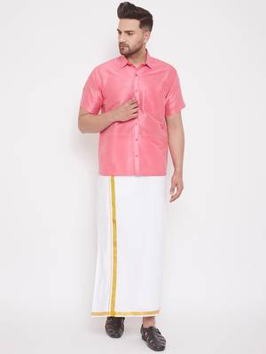 Pink woven silk blend shirt & mundu 2