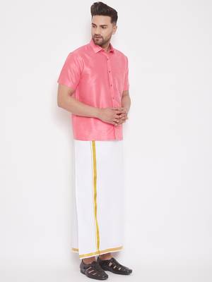 Pink woven silk blend shirt & mundu 3