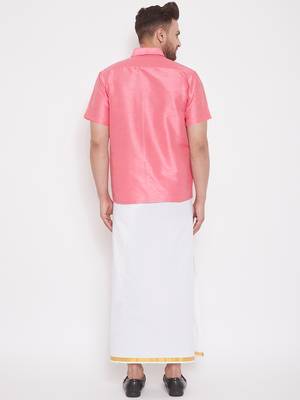 Pink woven silk blend shirt & mundu 4